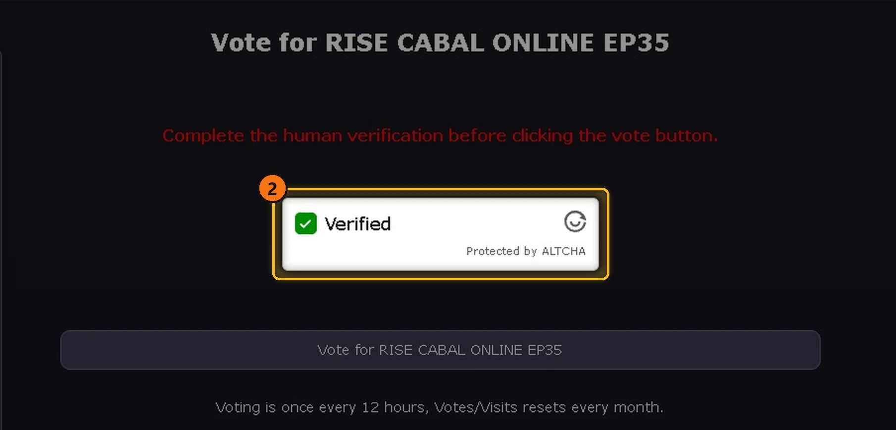 XtremeTop100 vote page with the ALTCHA “Verified” check box highlighted